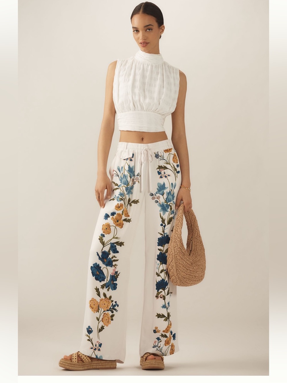 White Floral Wide-Leg Lounge Pants by Anthropologie